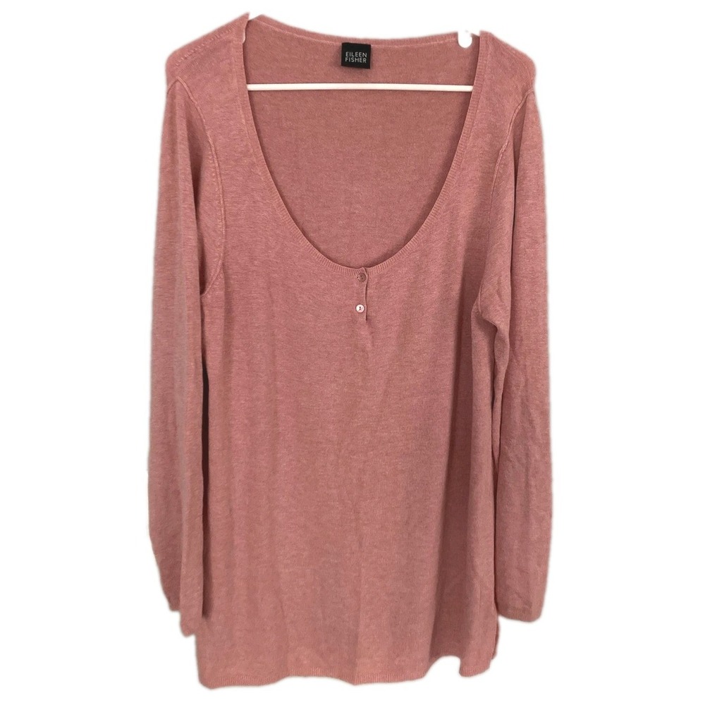 Eileen Fisher Tunic Women L Rose Pink Scoop Neck 2 Button Knit Lightweight